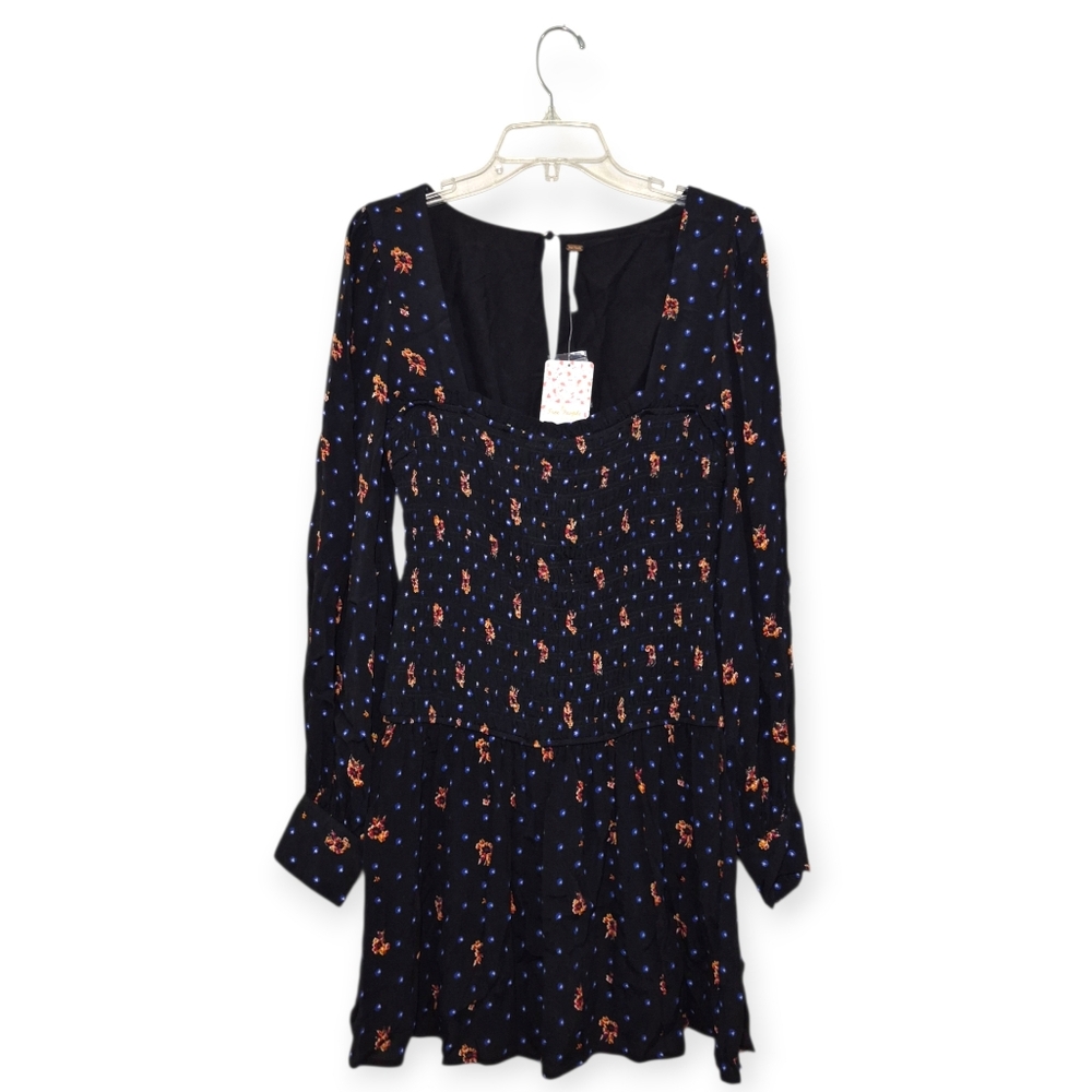 FREE PEOPLE Two Faces Mini Dress Ruched With Floral Print Black Blue Small - Picture 5 of 10